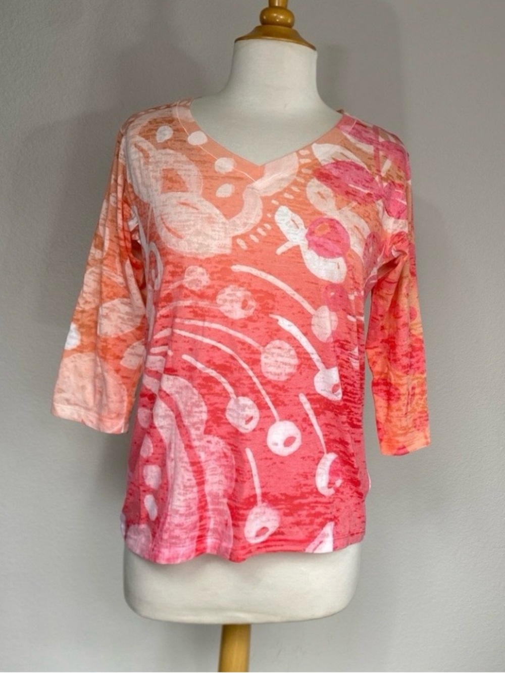 Before + Again Womens Peach Red Burnout Lightweight 3/4 Sleeve T-Shirt Size L